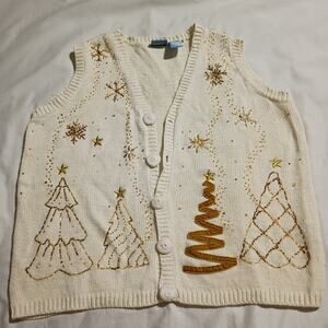 VTG Christmas Vest Small Gold Cream Beaded Ribbon Christmas Trees Snowflakes